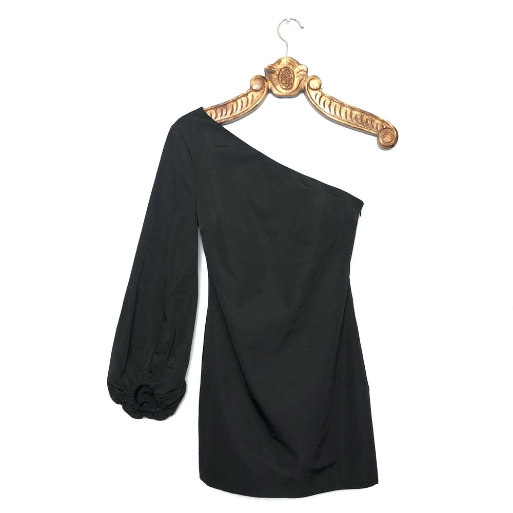 STAUD Paula One Shoulder Balloon Sleeve Mini Dress Black 4 NWT